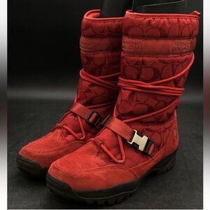 Coach SELA Women's SZ 9.5 Sig Monogram Vibrant Red Winter Boots. EUC.
